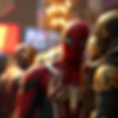 Iron Spiderman with Iconic Marvel Characters Visual depiction of Iron Spiderman interacting with iconic Marvel characters.