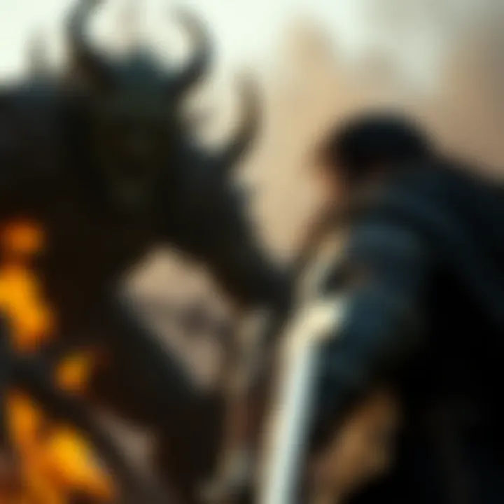 A character engaging in battle against a formidable foe.