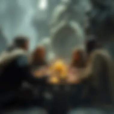 A group of characters strategizing in a mystical setting.