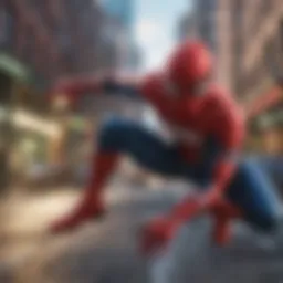 Dynamic action shot of Spider-Man swinging through a vibrant cityscape.