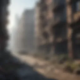 Post-apocalyptic cityscape with zombies lurking in the shadows