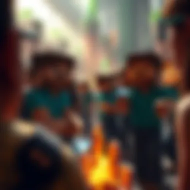 A vibrant Minecraft community event with players engaging and collaborating