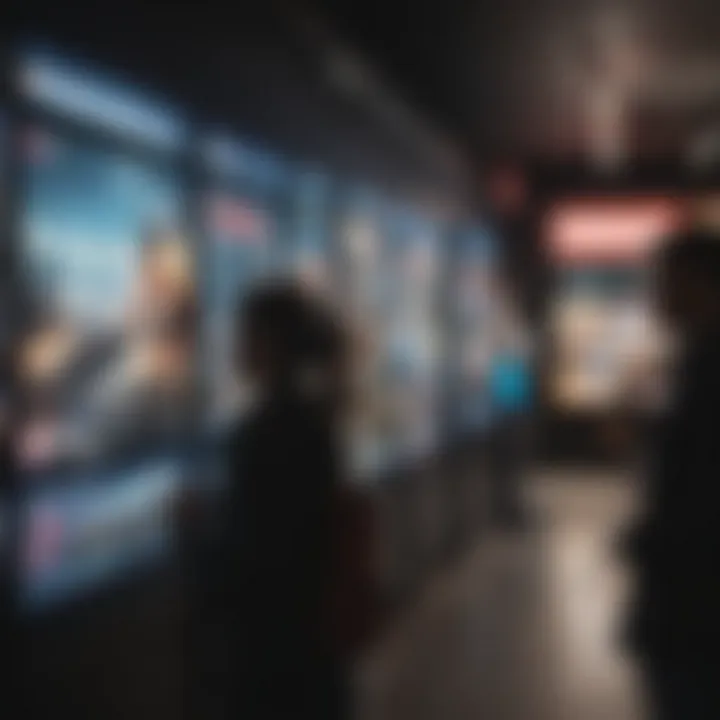 A close-up of customers engaging with interactive gaming displays in a store.