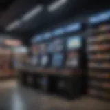 A vibrant video game retail environment showcasing various gaming consoles and merchandise.