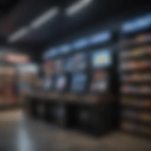 A vibrant video game retail environment showcasing various gaming consoles and merchandise.