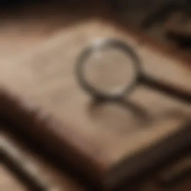 Old leather-bound book with a magnifying glass