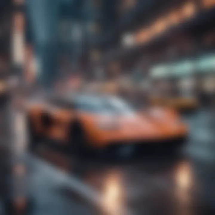 Sleek sports car racing through a futuristic cityscape