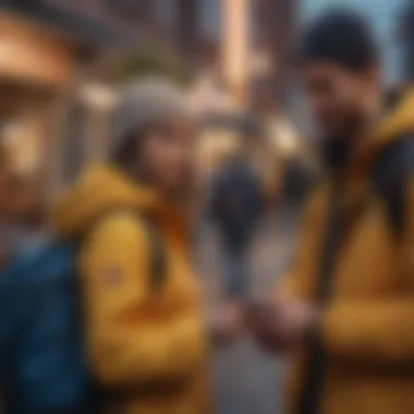 A group of friends using the Pokémon Go app in a North Face outdoor gear setting