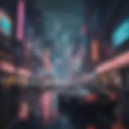 A futuristic cityscape with neon lights and flying vehicles