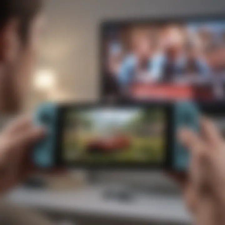 A gamer holding a Nintendo Switch with V-Bucks interface on screen