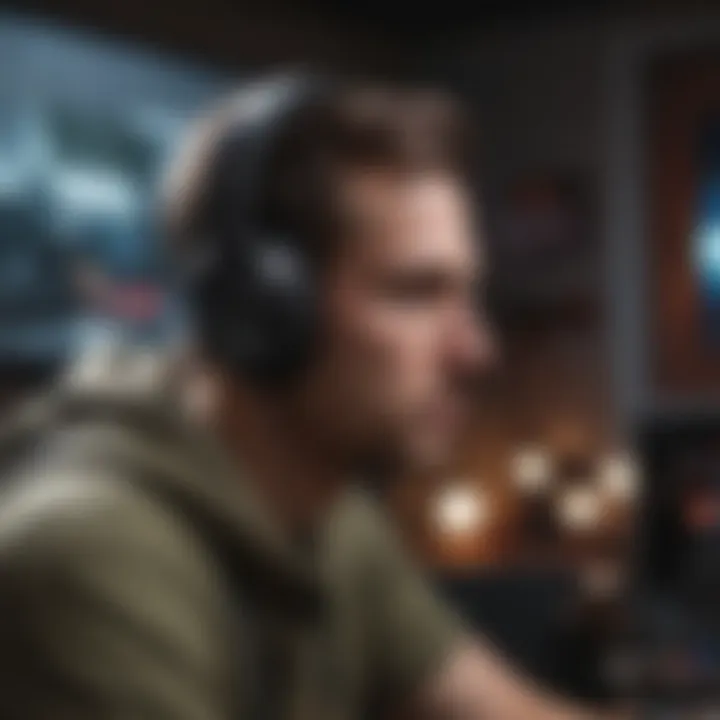 An immersive gaming setup with a gamer wearing headphones, fully engaged in gameplay.