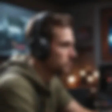 Immersive Gaming Experience An immersive gaming setup with a gamer wearing headphones, fully engaged in gameplay.