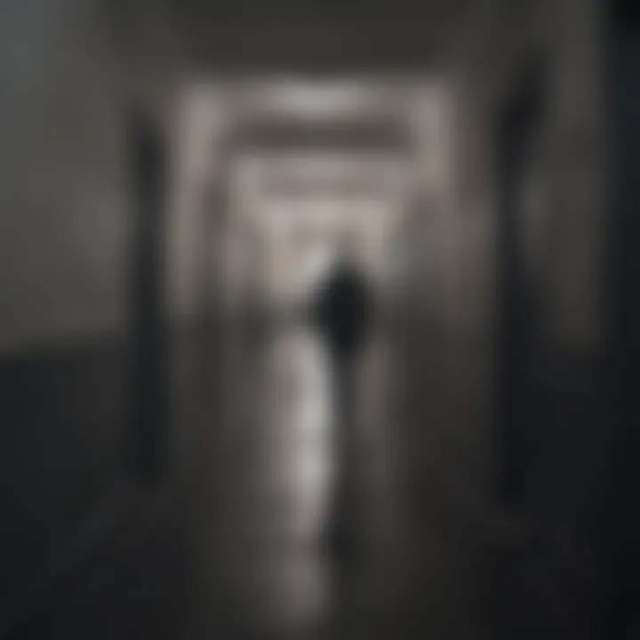 Gloomy figure standing at the end of a desolate hallway