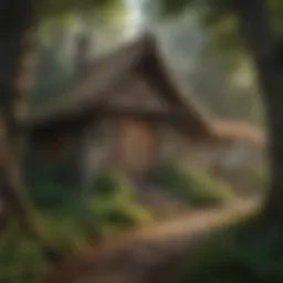 A detailed illustration of Hagrid's hut surrounded by the magical woods, showcasing its rustic architecture.