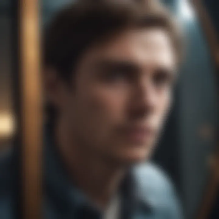 A mesmerizing shot of the protagonist gazing into a mirror, reflecting inner turmoil