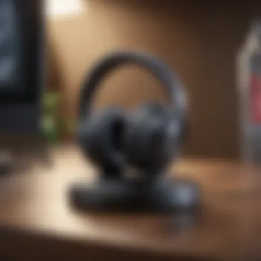 Bluetooth Headphones Charging Dock Bluetooth headphones on a charging dock