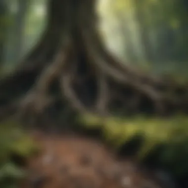Rooted Network Intricate pattern of interconnected roots in a lush forest