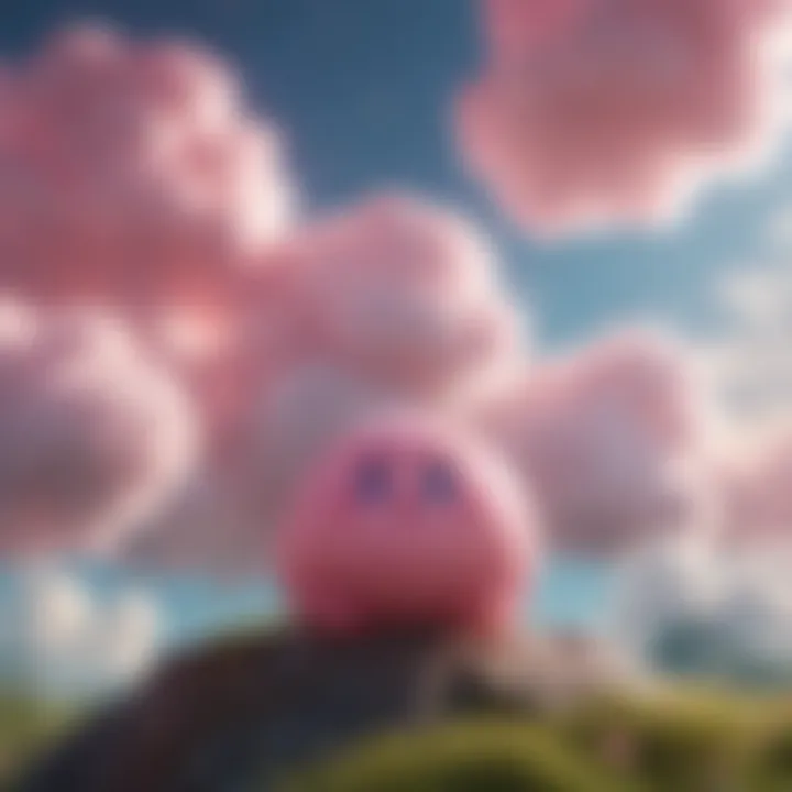 Pink puffball floating in dreamy sky