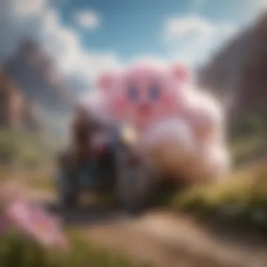 Kirby riding on a fluffy cloud through a magical landscape