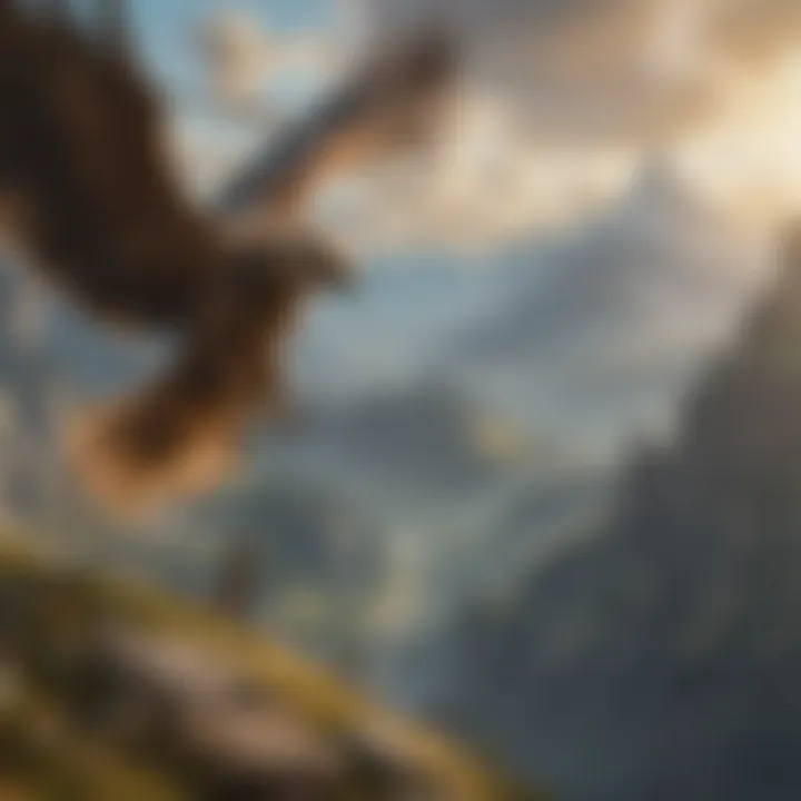 Magical creature soaring over majestic mountains