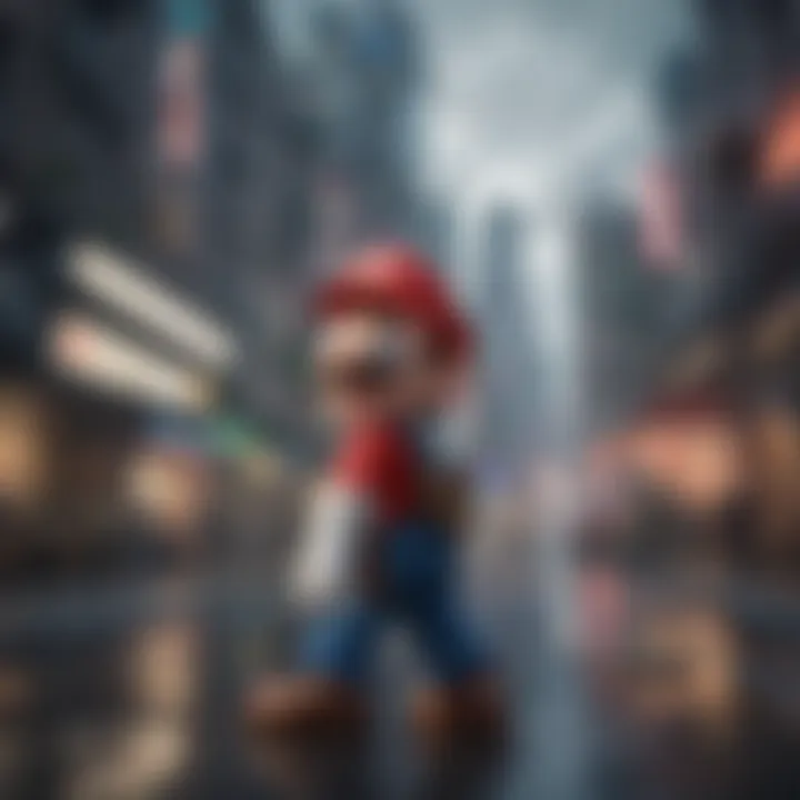 Illustration of Mario exploring a futuristic cityscape