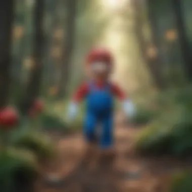 Artistic depiction of Mario navigating through a magical forest