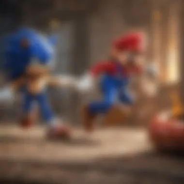 Dynamic game action between Mario and Sonic characters