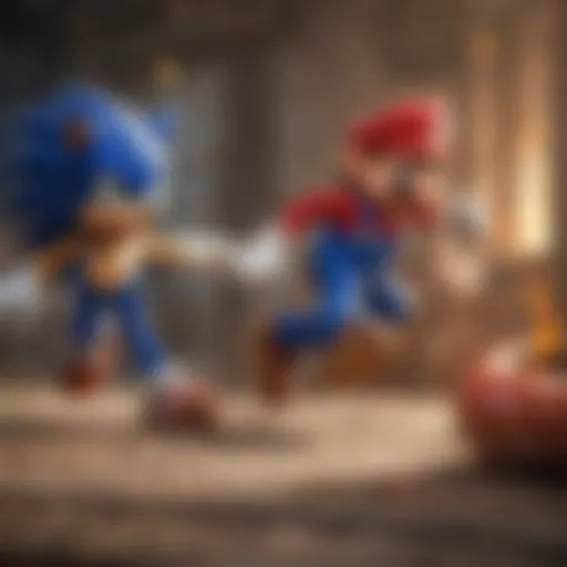 Dynamic game action between Mario and Sonic characters