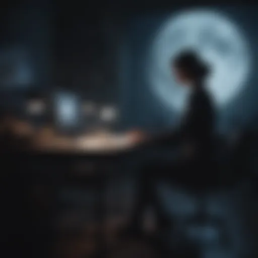 Silhouette of a person working at a desk under moonlight