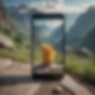 A scenic view of a mountain range with a Pokémon Go character in the foreground