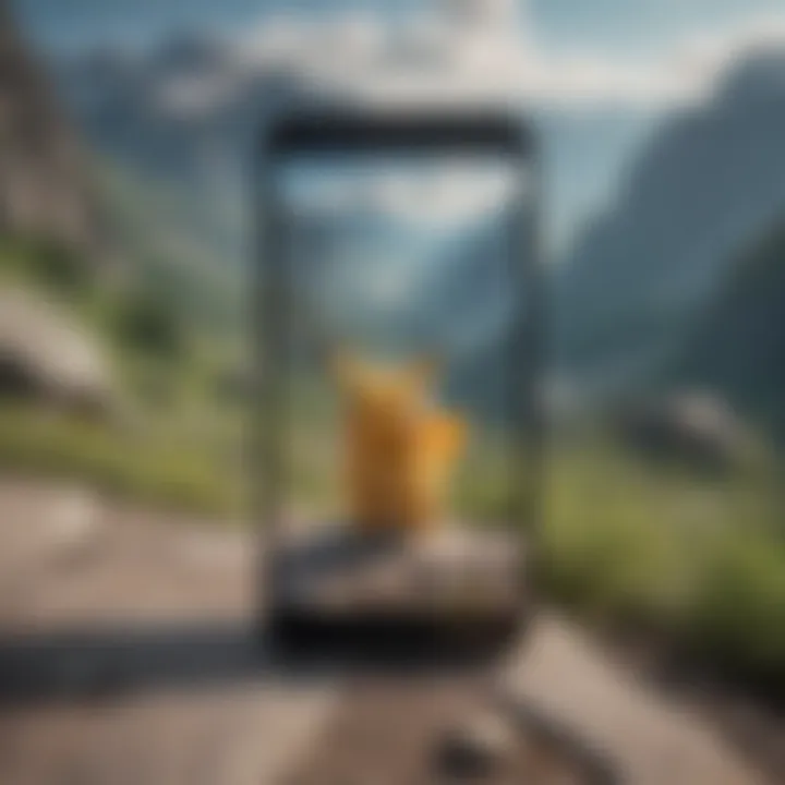 A scenic view of a mountain range with a Pokémon Go character in the foreground