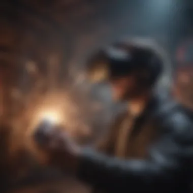 Dynamic VR Gameplay Experience Virtual reality player engaging in intense gameplay