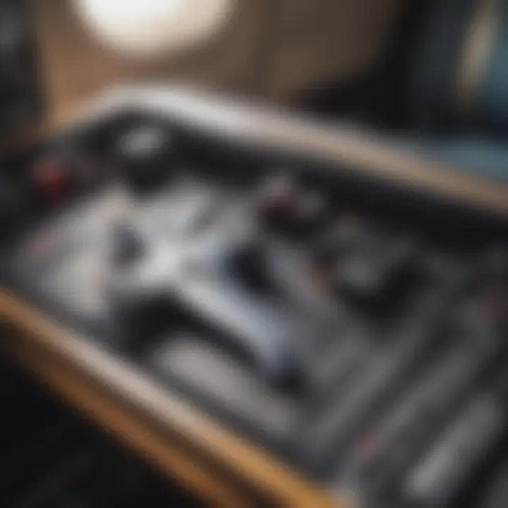 An aerial view of an airplane wing with gaming devices on a tray table.