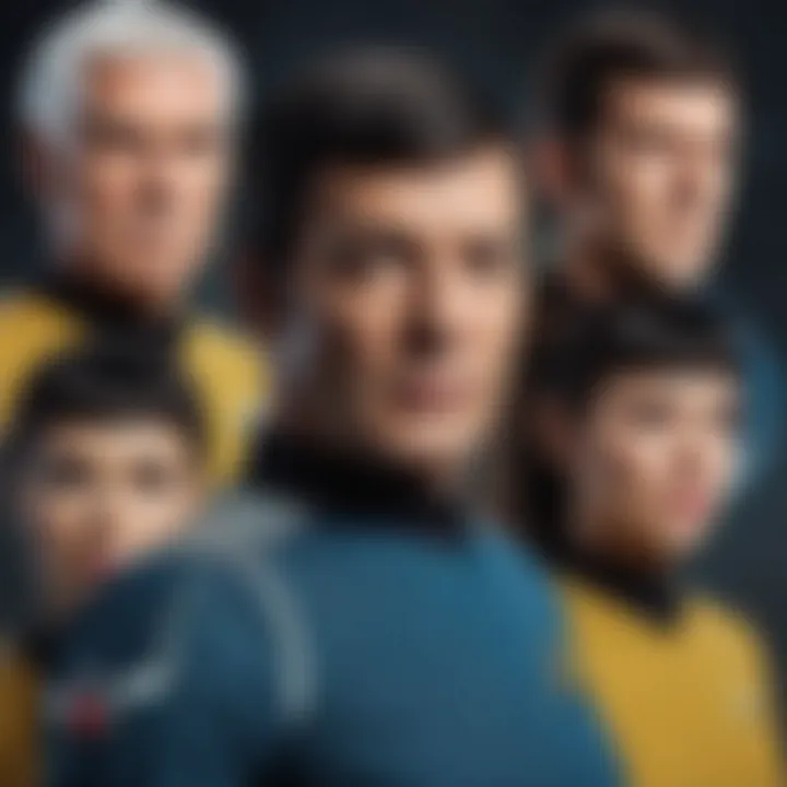 A detailed collage of memorable Star Trek characters across various series.