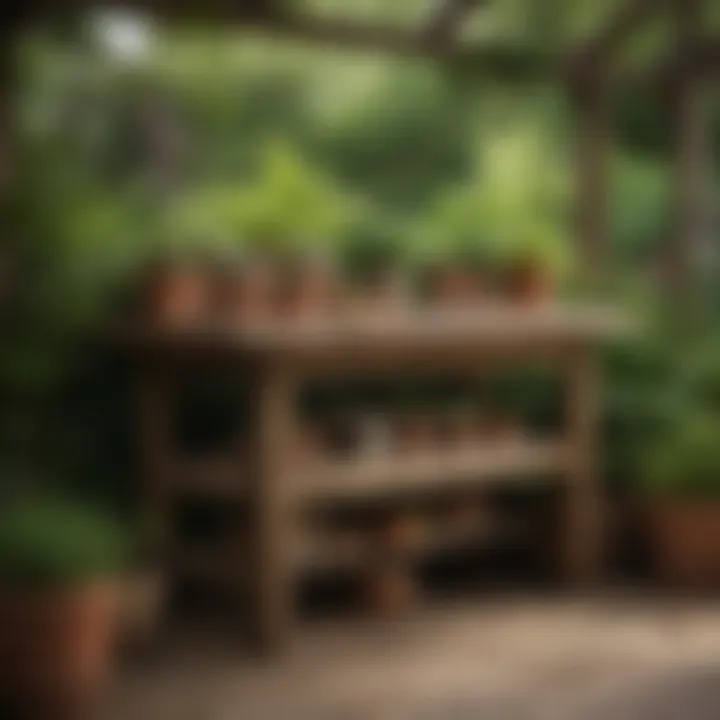 Rustic potting table made from reclaimed wood in a serene garden setting