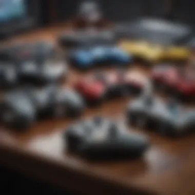 A diverse selection of PC gaming controllers arranged on a desk.