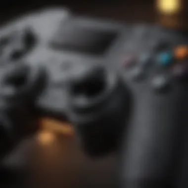 Close-up of a gaming controller highlighting ergonomic design features.