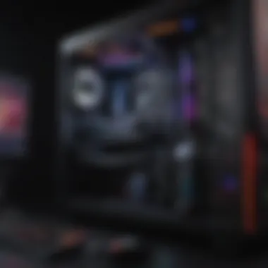 High-Performance Gaming PC Setup Close-up view of a high-performance gaming PC setup showcasing RGB lighting and advanced components.