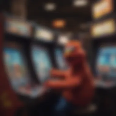 Nostalgic Sesame Street Personality Engaged in Arcade Gaming Sesame Street Character Playing Retro Arcade Game