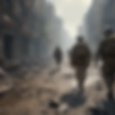 Soldiers advancing through a war-torn city