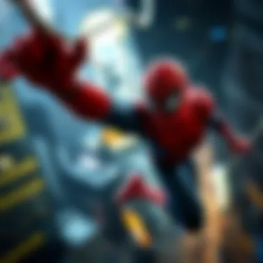 Cinematic representation of Spider-Man swinging through a city