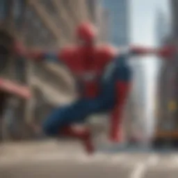 Spider-Man swinging through the city, showcasing his agility and iconic pose