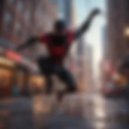 Superhero Miles Morales swinging through the city