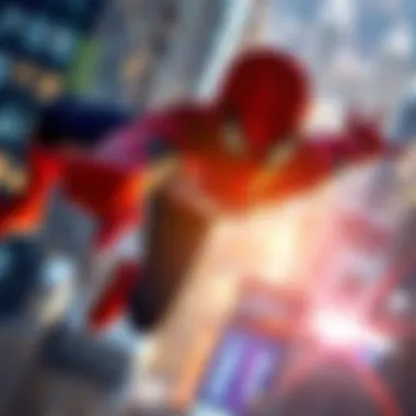 Spider-Man in Action: A Cinematic Perspective An artistic depiction of Spider-Man swinging through the city with a cinematic lens flare