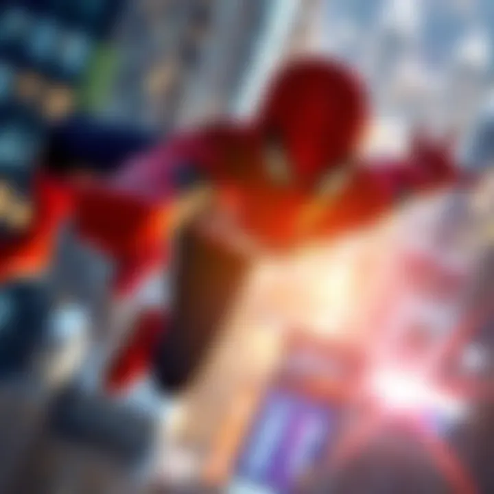 Spider-Man in Action: A Cinematic Perspective An artistic depiction of Spider-Man swinging through the city with a cinematic lens flare