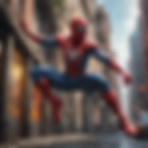 Spiderman swinging through the city