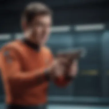 An iconic scene from Star Trek featuring a crew member using a phaser