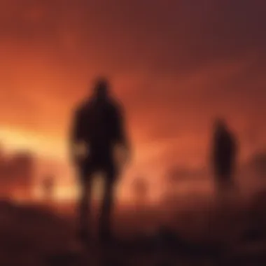 Echoes of Resilience Silhouettes of survivors against a blood-red sky