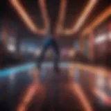 A vibrant dance floor illuminated with colorful lights, showcasing the energy of Switch Dance Revolution.