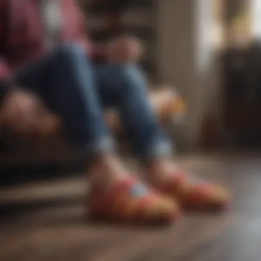 A person relaxing at home while wearing stylish Avengers slippers.